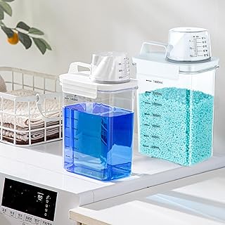 Uraoiac Laundry Detergent Storage Box,Liquid Detergent Dispenser with Measuring Cup,Graduated Laundry Powder Storage Box,Bathroom Storage,Softener,Detergent,Bleach,Laundry,Rice Storage Container