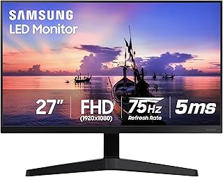 شاشة كمبيوتر سلسلة T350 من سامسونج، قياس 27 انش FHD 1080p 75Hz ولوحة IPS ومنفذ VGA (دي ساب وHDMI، بدون حواف في ثلاثة جوانب، مزامنة حرة (LF27T350FHNXZA)، ازرق غامق رمادي، LED