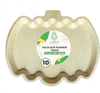 U'reca Organics Eco-Friendly Palm Leaf Pumpkin Tray | 12" x 10" (30 x 25 cm) Tray - Pack of 10 | Disposable, Compostable & Biodegradable Dinnerware | Perfect for Holiday Snacks or Fruit Platters