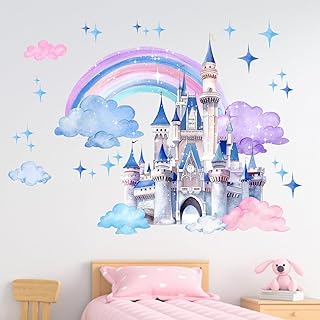 Yovkky Fairy Tale Castle Wall Decals Stickers, Watercolor Rainbow Cloud Stars Princess Toddler Baby Nursery Decor, Dreamy Home Decorations Girls Kids Bedroom Playroom Art