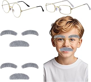 Rthjsfj 4pcs Old Man Costume Kit for Kids Mustache and Eyebrows Glasses for 100th Day of School Starter Kit