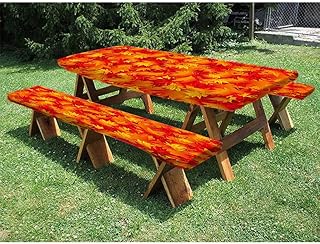 Maple leaves 72" Polyester Picnic Table and Bench Fitted Tablecloth, Autumn floral forest texture, for outdoor, park, terrace, 28 x 72 Inch