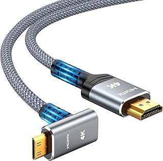 هاي وينجز كيبل HDMI صغير الى HDMI بطول 3.3 قدم/1 متر، 18 جيجابايت في الثانية عالي السرعة 4K 60Hz HDMI الى ميني HDMI زاوية قائمة 2.0، كيبل مضفر بالنايلون بزاوية اعلى 90 درجة، متوافق مع كاميرا الفيديو