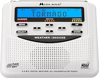 ميدلاند - WR120B/WR120EZ - راديو تنبيه طقس الطوارئ NOAA - برمجة موضعية اس ايه ام اي وعرض ثلاثي اللغات واكثر من 60 تنبيه للطوارئ وساعة منبه (WR120B - تغليف صندوق)