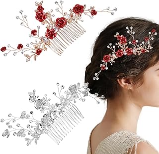 2 PCS Rose Crystal Bridal Side Combs Red Flower Hair Comb Floral Rhinestone Combs Vintage Decorative Crystal Headpiece Vine Flower Sparkly Hair Accessories for Women Girls