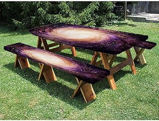 Galaxy Picnic Fitted Tablecloth and Bench Seats Table Cover, Large Pink and Purple Spiral Stardust Planet in Space Science Fiction Print, for outdoor, park, terrace, 28 x 72 Inch Black Pink Beige