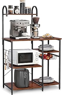 RUNTOP Baker's Rack, Microwave Stand, Kitchen Storage Rack with Wire Basket, Hooks, and Shelves, Microwave Oven Stand with Storage 4 Tiers for Spices, Pots, and Pans, Wooden Bakers Rack Metal Frame