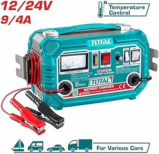 توتال شاحن بطارية السيارة 12/24 فولت، شاحن صيانة 9 امبير/4 امبير، شاحن اصلاح نبض للسيارة والشاحنة وجزازة العشب والقارب والدراجة النارية، مدخل 220-240 فولت، تيار معزز 12 امبير