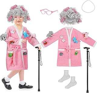 Biubee Old Lady Costume for Girls, Grandma Robe for Kids with Dolls, 100 Days of School Costume Girls Cane for 4 5 6 7 8 9 10