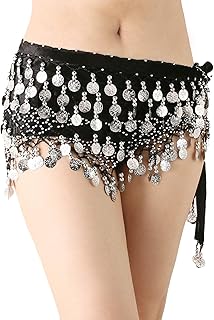 Women Belly Dance Hip Scarf, Dancing Costumes Wave Shape Hip Belt Skirt with 320 Silver Coins, Chiffon Dangling Belly Dance Waist Costume Belt for Women Girls, Black