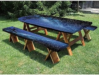 Galaxy Picnic Table and Bench Fitted Tablecloth Cover, Telescope Valley under Starry Night Sky Milky Way Atmosphere Galaxy Astronomy, for outdoor, park, terrace, 28 x 72 Inch Dark Blue Black