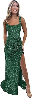 Sparkly Sequin Prom Dress Corset Mermaid Formal Evening Gown with Slit