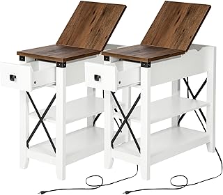 Awescuti - Narrow End Table with Charging Station, Set of 2 Slim End Tables with USB Ports, Nightstand with Flip Storage Drawer for Small Spaces, Living Room, Bedroom, Coffee & White