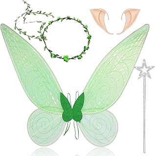 Fairy Wings Adult Children, Wings Fairy 4 Pieces Fairy Wings Set with Elf Ears Wreath Magic Wand Girls Fairy Wings Butterfly Wings Kids Birthday Party Costumes Carnival Fairy Wings