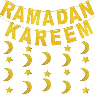 فيستيكو زينة رمضان للمنزل لافتة رمضان كريم مع اكليل نجوم وقمر ذهبي لامع لديكور عيد مبارك