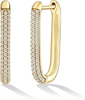 14K Gold Finished Capsule Link Long Hoop Earrings For Women with Cubic Zirconia, Yellow Gold Finished, Cubic Zirconia