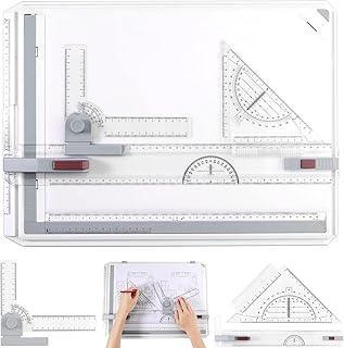 اي سينيك مجموعة لوح رسم A3 طاولة متعددة الوظائف A3 بنظام قياس قابل للتعديل بزاوية متوازية مع منقلة تحديد موقع الورق مسطرة منزلقة ساق دعم مضادة للانزلاق ابيض