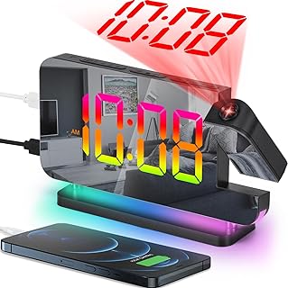 سزيلام ساعة منبه رقمية LED 7.4 انش بشاشة كبيرة مع جهاز عرض دوار 180 درجة ضوء ليلي RGB منفذ USB C مكتب عصرية لتزيين غرفة النوم أسود