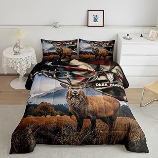 Deer Hunt Bedding Set Full Size American Flag Comforter Set 3pcs for Kids Boys Teens Men Bedroom Decor Skull Antlers Nature Animals Quilt Set Rustic Retro Duvet Insert,2 Pillowcases