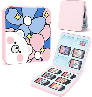 DLseego Flower Bear Game Case for Switch Lite/Switch/Switch OLED, 12 Slots Game Cards Holder and 12 Micro SD Card Slots, Cartoon Portable Game Card Storage Cartridge Box -- Pink and Blue