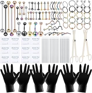 120PCS Body Piercing Kit Surgical Steel 14G 16G 20G BCR CBR Labret Lip Rings Cartilage Daith Earrings Nose Septum Nose Studs Belly Button Rings Piercing Jewelry Needles Gloves Clamps Tools