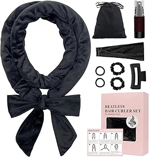 No Heat Hair Curlers Overnight Curls Headband - 70" Soft Ribbon Curl Wrap for Long Hair, 9 PCS Curling Rod Set with Bonnet - Black