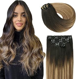 SURNEL Clip in Remy Human Hair Extensions Dark Roots to Blonde Balayage Color Clip in Hair Extensions Double Weft Hair Extensions Clip in 18inch 45cm 120g 6pcs (#1B/4/27,18'')