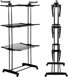 رف ملابس اسود بعجلات من هومرا - برج ملابس قابل للطي مع مساحة تخزين كبيرة - مجفف ملابس مع 4 مستويات - مجفف ملابس مع اجنحة قابلة للطي، بلاستيك معدني
