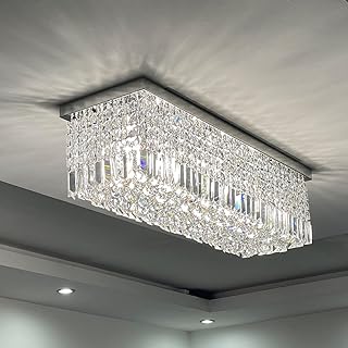 اي 1 اي 9 ثريا كريستال عصرية فاخرة مستطيلة الشكل بتصميم قطرة مطر انيقة من الكروم، مصباح اضاءة LED متدلي لغرفة المعيشة وغرفة الطعام والبهو والسلالم والصالة والبار والنادي