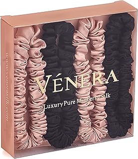 VÃ © nera Silk 100٪ Pure Mulberry 22 Momme Skinny Silk Scrunchies 4 قطع ربطات شعر حريرية لطيفة على الشعر - معتمدة من Oeko-Tex - سكرنشي حريري فاخر للنساء والرجال (وردي - أسود)