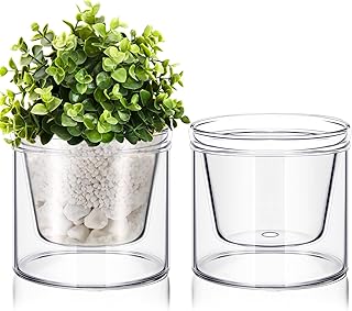 Baderke 2 Pcs 4 Inch Self Watering Pot for Indoor Plants Clear Glass Planter Small Plant Pot with Saucer Reservoir Drainage Holes Bottom Watering Pot for African Violet Orchid Flowers Houseplant