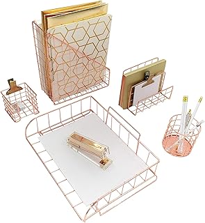 لوازم مكتب للنساء من بلو موناكو - مجموعة 5 قطع منظم مكتبي سلكي بلون ذهبي وردي - فارز الرسائل وصينية ورقية وكوب قلم وملف مجلة وحامل ملاحظات لاصقة معدن شكل مربع