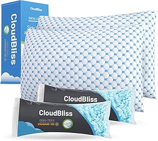 CloudBliss Cooling Bed Set of 2 Pillows for Sleeping, Shredded Memory Foam Pillows with Washable & Breathable Pillowcase, Adjustable Height Pillow for Side, Back and Stomach Sleepers (Standard Size