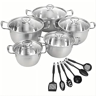 Haipky 5pcs Induction Non Stick Stainless Steel Cookware Cooking Pots Pan 16/18/20/22/24cm Stockpot with Lids and 6pcs Spoon Set, Pack of 11