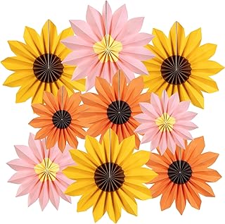 PAPER JAZZ Sunflower Party Decorations Paper Fans Board Decor Summer Orange Pink Sunflower Decor Yellow Hanging Fans Flower Garland Sunflower Wall Decorations for Birthday Wedding Baby Shower