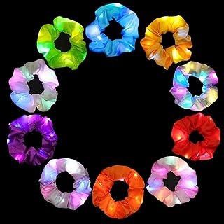 ChicAbode 10 Pcs LED Fluorescent Light Emitting Hair Scrunchies, Premium Led Light Hair Bands, Girls Elastic Hair Ties, Multi Light Modes, Glowing Hair Ring, Great Gift for Holiday Seasons Headwear