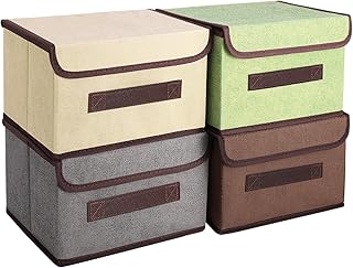 4 Pack Foldable Storage Boxes with Lids, Fabric Fabric Storage Boxes with Handles, Collapsible Storage Box for Clothes, Toys, Books, Closet, Bedroom, Home, 25*19*16cm(Beige, Coffee, Gray, Green)