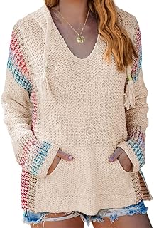 Women Boho Sweater Hooded Hoodie Baja Colorblock Pullover Striped V Neck Mexican Knit Christmas Sweatshirt