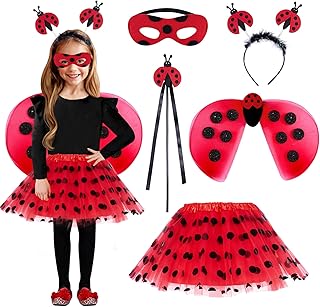 Puddry Ladybird Costume for Children, Ladybird Costume Girls with Ladybird Tutu Skirt + Ladybird Headband + Ladybird Mask + Magic Wand + Ladybird Wings for Fancy Dress Costumes Carnival Halloween