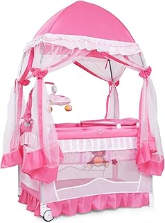 BABY JOY 4 in 1 Pack and Play with Canopy, Portable Baby Playard with Bassinet, Double-Layer Baby Crib, Wheels & Brake, Foldable Baby Girl Pink Bassinet from Newborn to Toddler