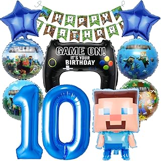 Pixel Balloon Birthday Decoration 10 Years, Pack of 10 Miner Gamer Children's Birthday Boys 10, 10th Birthday Boys Foil Balloon Game Gamer Balloon Decoration Birthday Party Decoration Balloon