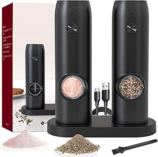 Electric Salt and Pepper Grinder Set of 2, Automatic Pepper Mill,USB Rechargeable, Adjustable Coarseness, One-handed Operation, Ceramic Burr, Refillable, Auto Grinders with Charging Base LED Light