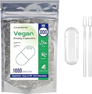 ATLEMISME Empty vegetable capsules Size 000 - Pack of 1000 - Gelatin free, ideal for dietary supplements and powders - Easy filling and quick dissolving