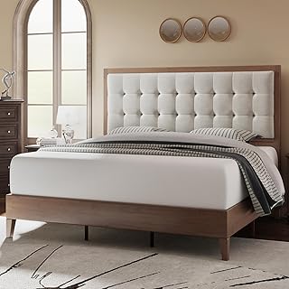 Jocisland Wood Platform Bed Frame Full Size Upholstered Tufted Headboard/Solid Wood Bed No Box Spring Needed,Easy Assembly, Walnut