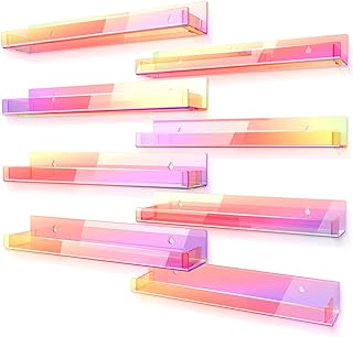 مجموعة ارفف اكريليك بالوان قوس قزح شفافة من 8 قطع مقاس 15 انش من روكيم، رف كتب عائم لغرفة الاطفال، نظارات شمسية عصرية للصور والزيوت العطرية وعرض الالعاب وتخزين الالعاب