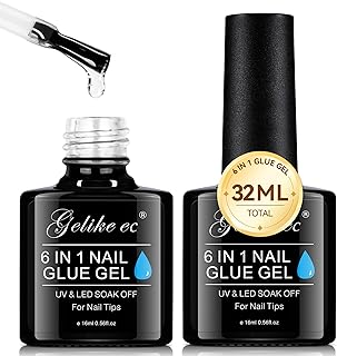 Gelike ec 6 in 1 Nail Glue Gel 32ML 2PCS: Extra Strong Nail Glue for Clear Acrylic Nails - Long Lasting Extension Gel Adhesive UV Nail Glue for Clear Press On Nail Tips Nail Polish, UV Cure Required…