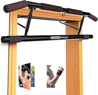 AmazeFan Pull Up Bar Doorway with Ergonomic Grip - Fitness Chin-Up Frame for Home Gym Exercise - Multi-Angle Grip - 2024 Upgrade Smart Hook (Fits Almost All Doors) (Black/Orange)