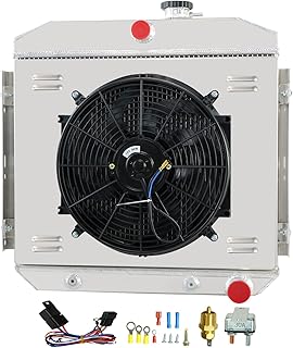 KUUHLERSAT 55-57 Chevy Belair Radiator, Radiator for 1955-1957 1956 Chevy Bel-air Del Ray 150 210 L6, 3 Row Aluminum Radiator + Shroud/Fan + Thermostat Relay Kit