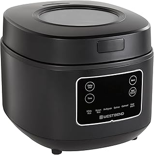 West Bend - Programmable rice and grain cooker with 7 preset functions, includes delayed start and keep warm, features easy viewing window and steam basket, 12 cups