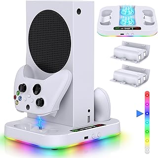 حامل مروحة تبريد وشريط اضاءة RGB لجهاز Xbox Series S، محطة شحن مزدوجة مع 2 بطارية قابلة لاعادة الشحن 1400mAH، ملحقات قاعدة الشحن لجهاز اكس اس اس مع 15 وضع اضاءة RGB، منفذ USB2.0 للمزامنة، ابيض